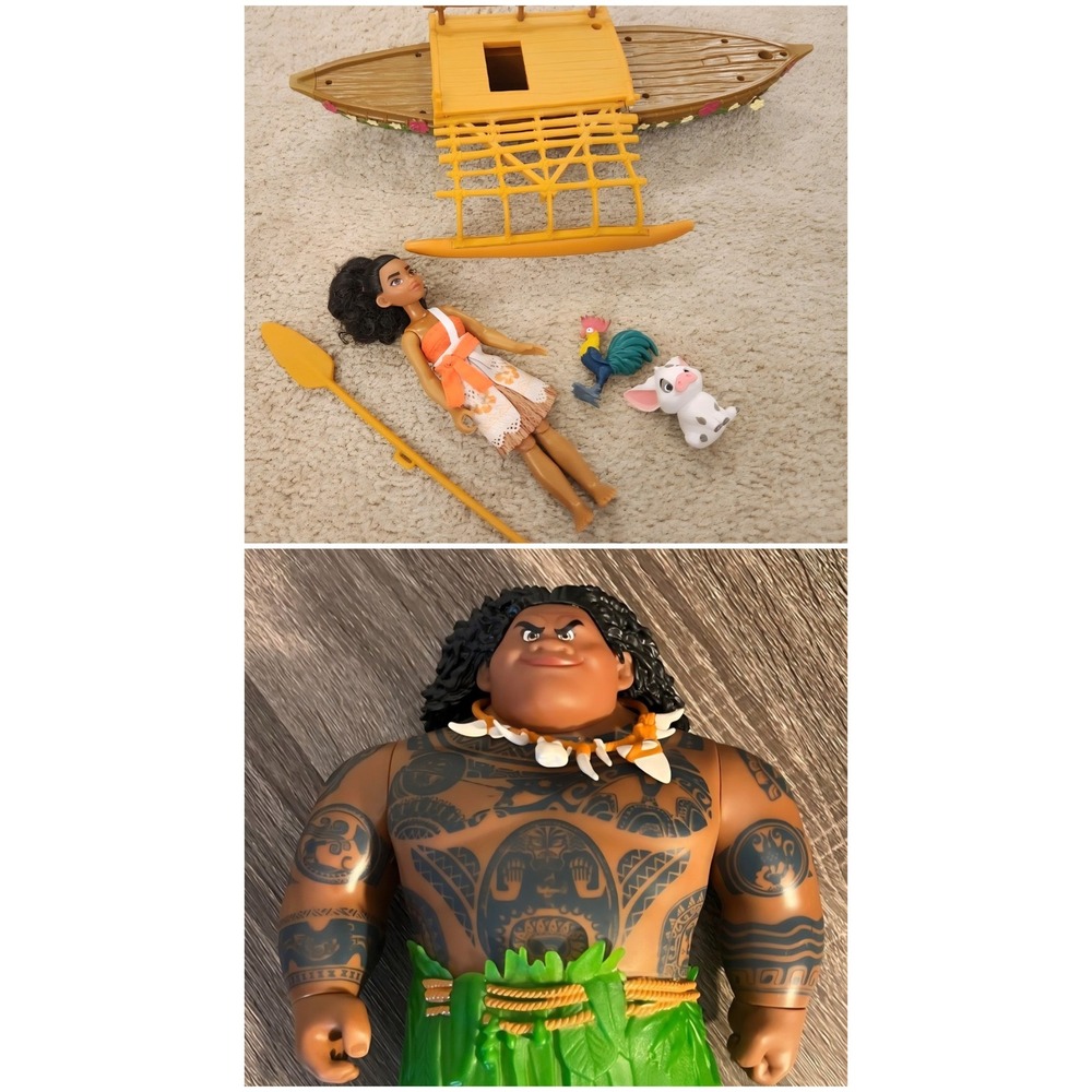 Disney Moana Maui Action Figure Doll Canoe Pua Hei Hei Set Lot